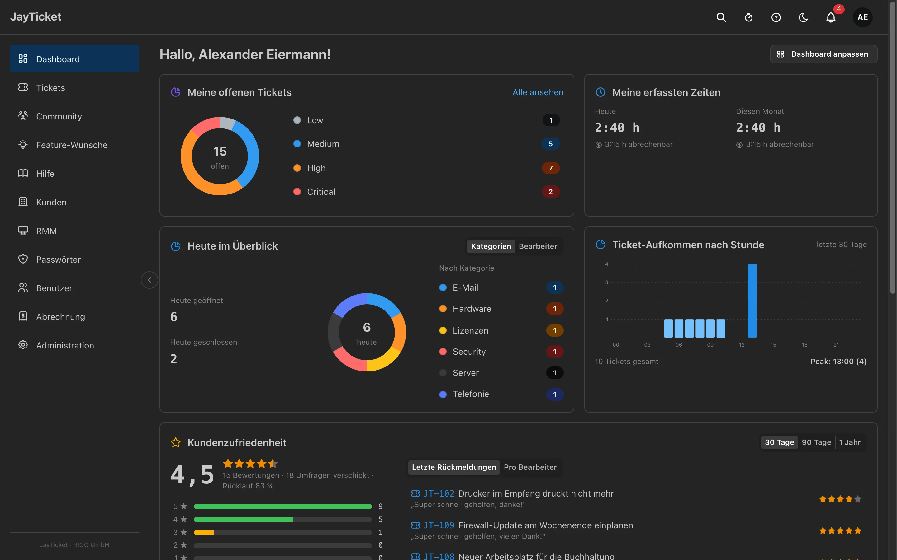 JayTicket Dashboard im Dark Mode